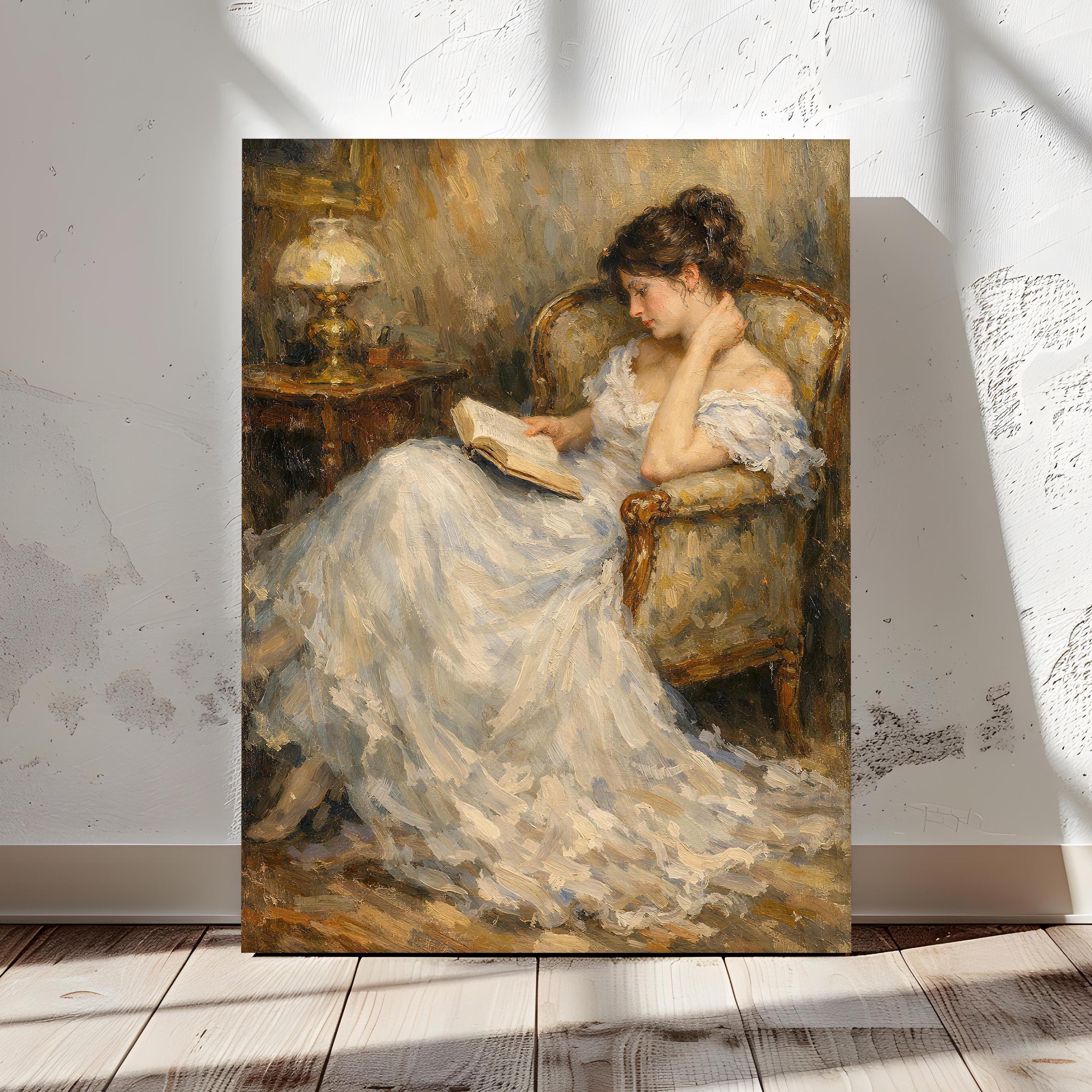 Elegant Woman Reading Vintage Style Wall Art, Romantic Lady Painting Print, Antique Portrait Canvas, Classic Cottagecore Decor- N194B