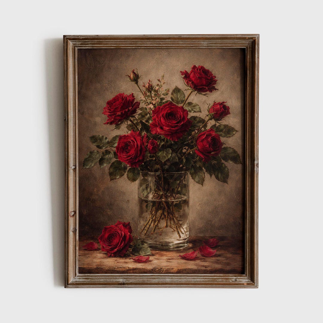Red Roses Still Life Vintage Wall Art, Moody Dark Floral Printable ...