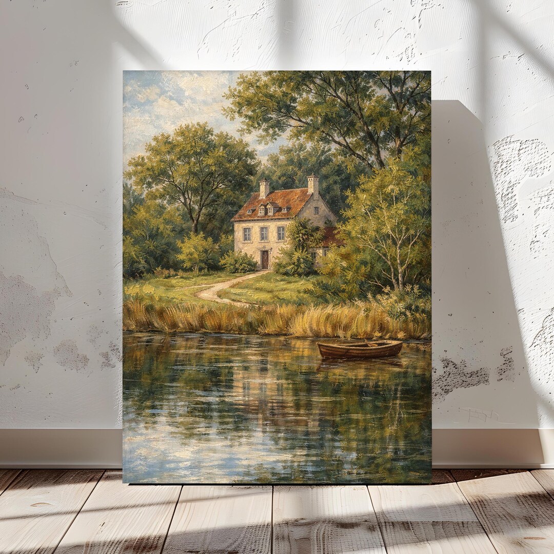 Cottage Landscape Wall Art, Vintage Rustic Lake House Canvas Print ...