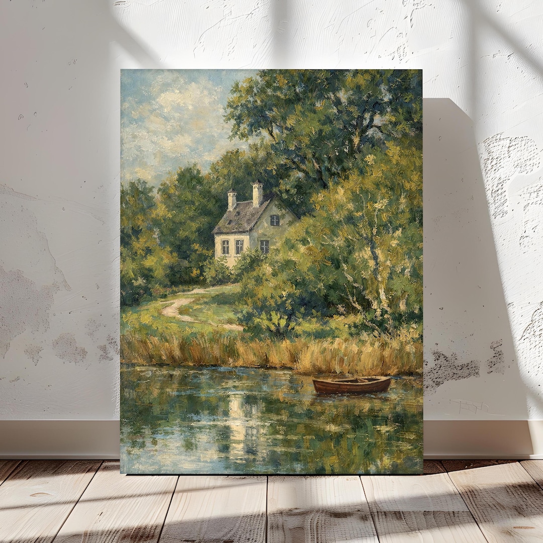 Landscape Wall Art Vintage Cottagecore Lake House Painting, Rustic ...