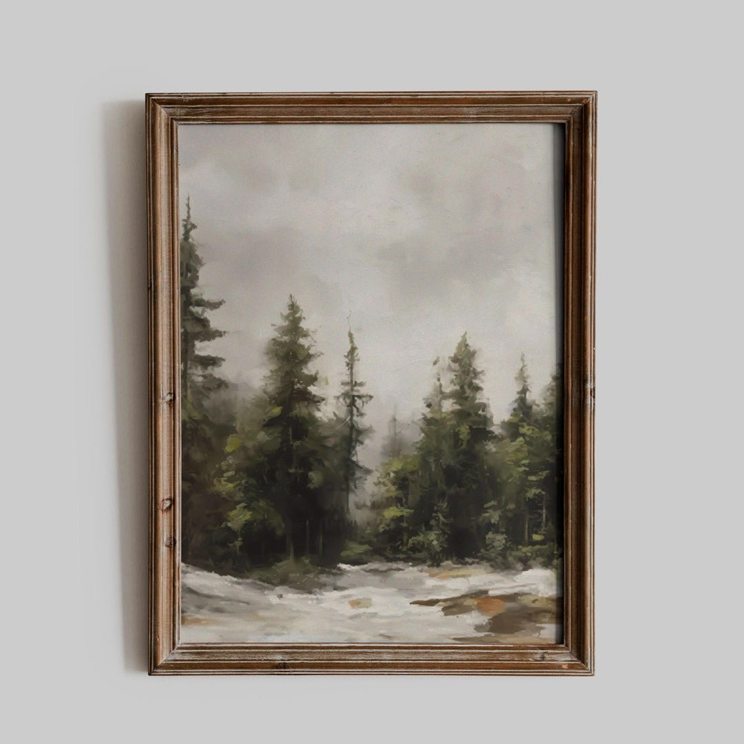 Moody Forest Landscape Wall Art Printable, Vintage Pine Tree Painting ...