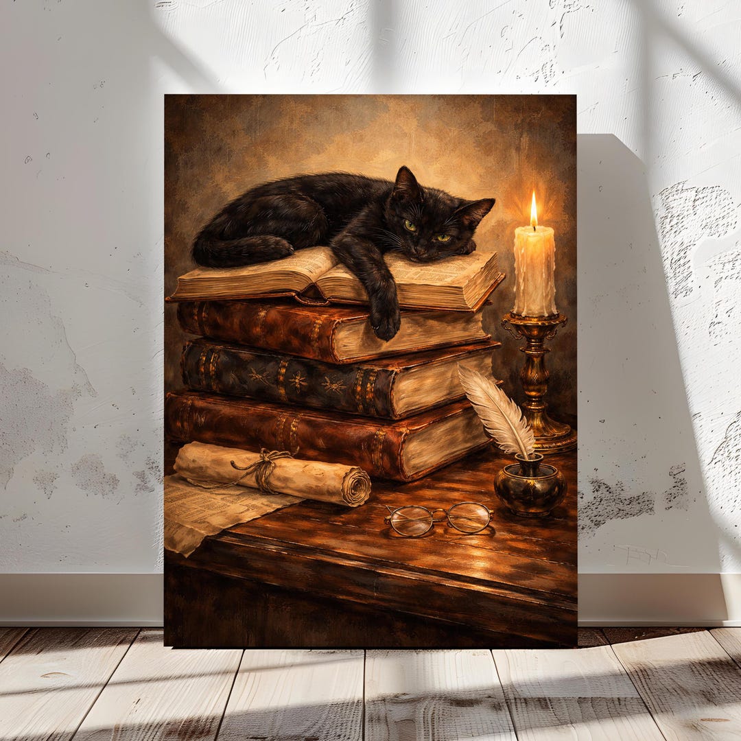Black Cat Wall Art Vintage Books Canvas Print, Moody Cottagecore Framed ...
