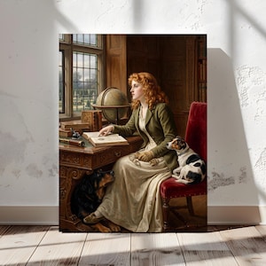 May include: A painting of a person with red hair wearing a green jacket and cream dress, seated at a wooden desk with an open book, a globe, and a telescope. A black and tan dog sits under the desk, and a white and black dog sits on a red chair.