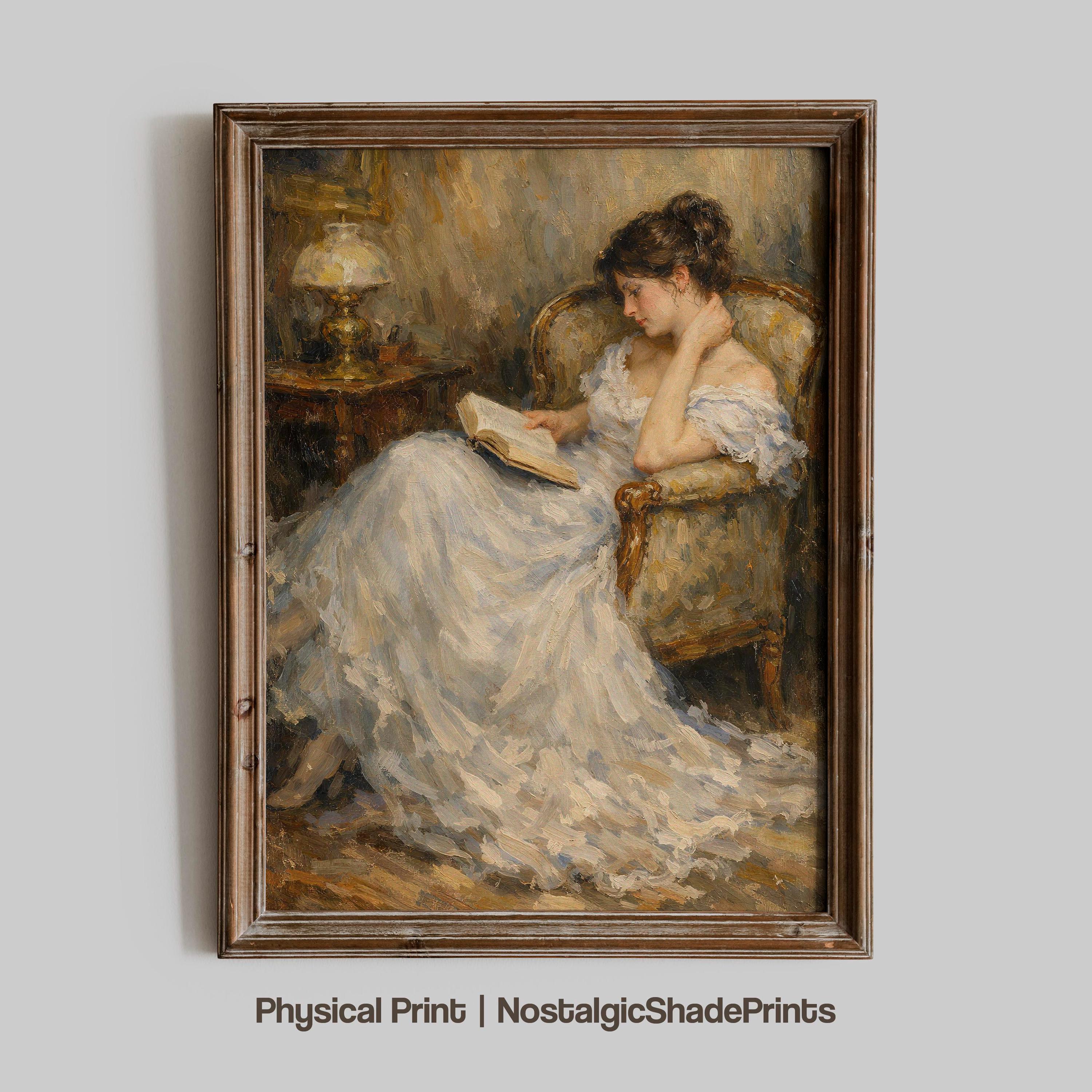 Elegant Woman Reading Vintage Style Wall Art, Romantic Lady Painting ...