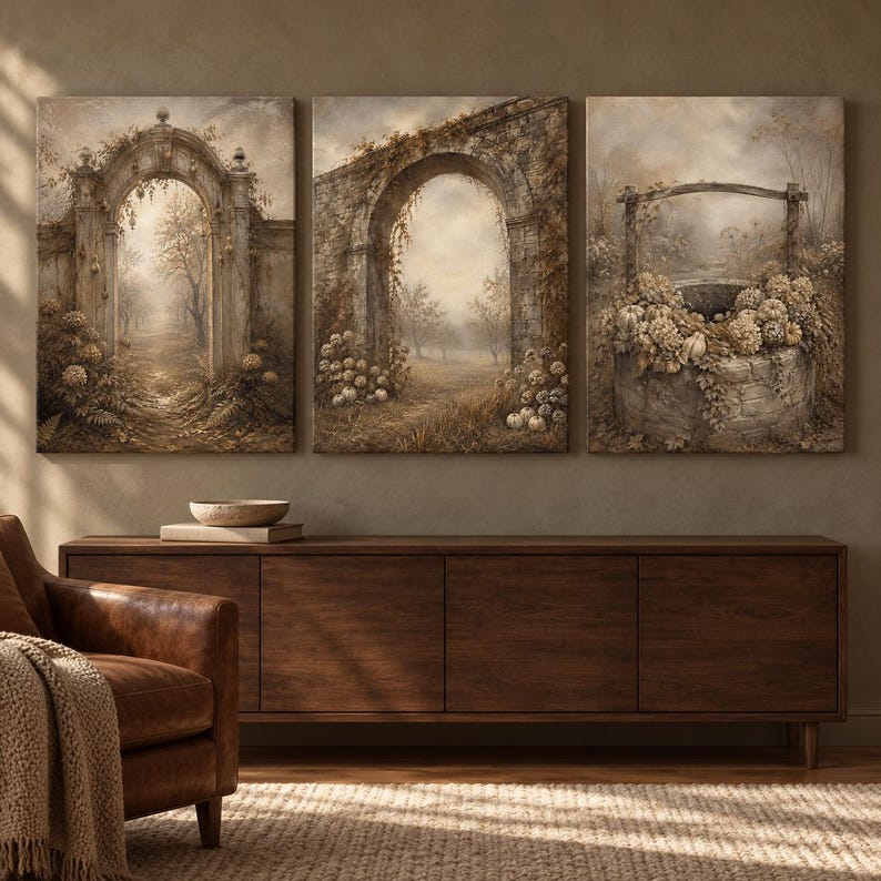 3x Vintage Autumn Landscape Set, Rustic Archway Wall Art, Fall Cottage