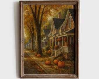 Autumn Neighborhood Wall Art Print, Moody Fall Landscape Digital Download, Vintage Cottagecore Street Scene, Printable Wall Art - A190