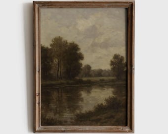 Moody Autumn Landscape Wall Art Printable, Vintage Rustic Nature Art, Neutral Farmhouse Cottagecore Digital Download, Fall Lake Art