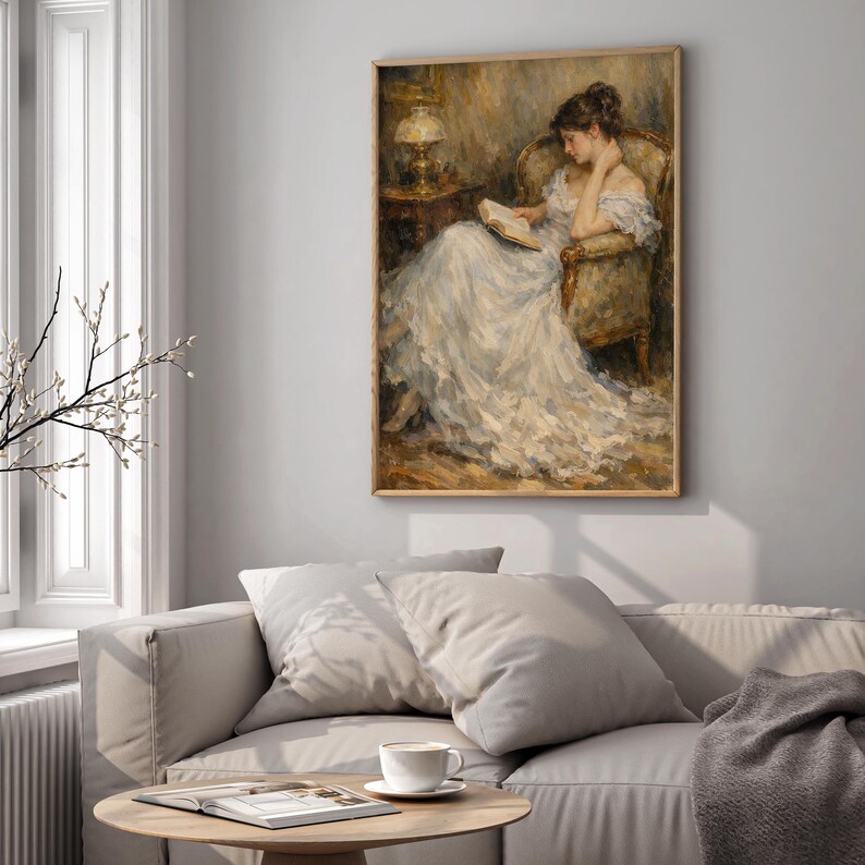 Elegant Woman Reading Vintage Style Wall Art, Romantic Lady Painting ...