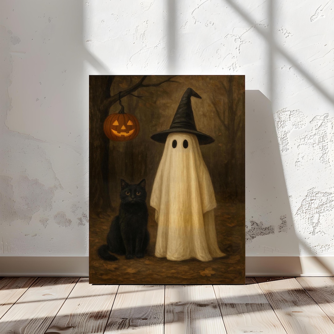 Vintage Halloween Ghost & Black Cat Wall Art | Witch Hat | Spooky ...