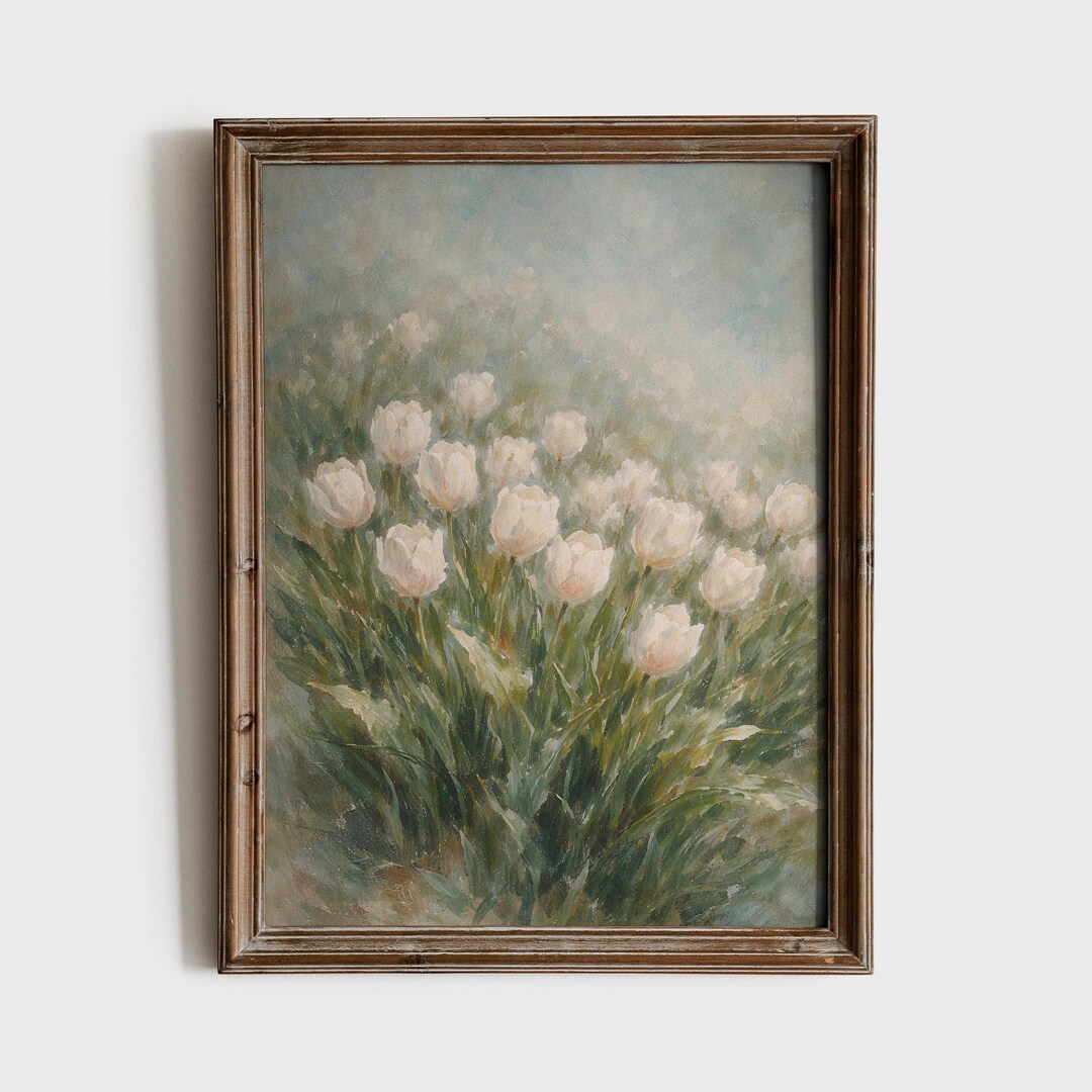 White Tulip Vintage Botanical Wall Art, Neutral Cottagecore Floral ...