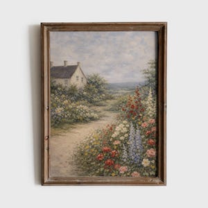 May include: A framed landscape painting depicts a quaint cottage with a gray roof nestled amidst lush greenery and colorful flowers. A dirt path leads through the garden, with vibrant blooms in shades of red, pink, and blue. The artwork is encased in a rustic wooden frame.