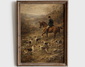 May include: A framed vintage painting depicts a rider on a brown horse, followed by a pack of hounds in a wooded landscape. The artwork features a muted color palette of browns, greens, and grays, with a focus on the hunt scene. The painting is in a rustic wooden frame.