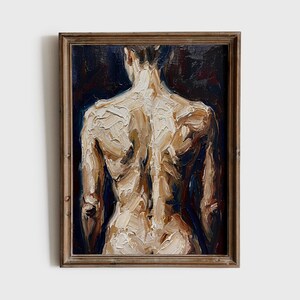 Puede incluir: Pintura al óleo en un marco de madera que representa una espalda humana. La obra de arte utiliza gruesas pinceladas en tonos de blanco, beige y marrón para representar la musculatura sobre un fondo azul oscuro. El marco es de color marrón claro.