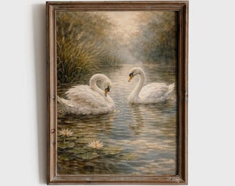 Quadro con cigni, paesaggio botanico vintage, stampa di cigni in stile cottagecore, decorazione lacustre dai toni neutri e suggestivi, arte murale rustica in stile fattoria - N202B