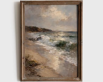 Kuststrand kunst aan de muur, humeurige vintage oceaan landschapskunst, afdrukbaar neutraal zeegezicht, rustiek strand schilderij, Cottagecore kust decor-N212A