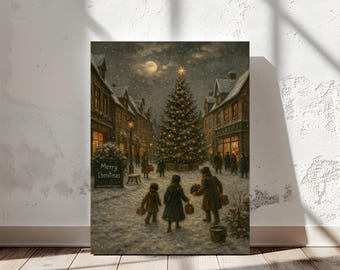 Vintage Christmas Town Wall Art Print – Snowy Street Scene, Nostalgic Holiday Canvas, Winter Village Poster, Christmas Home Decor