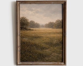 Wiesenlandschaft als druckbares Wandbild, Vintage-Stil, stimmungsvoll, neutral, rustikal, Landhausstil, botanische Feldkunst im Cottagecore-Stil, digitaler Download - N158A
