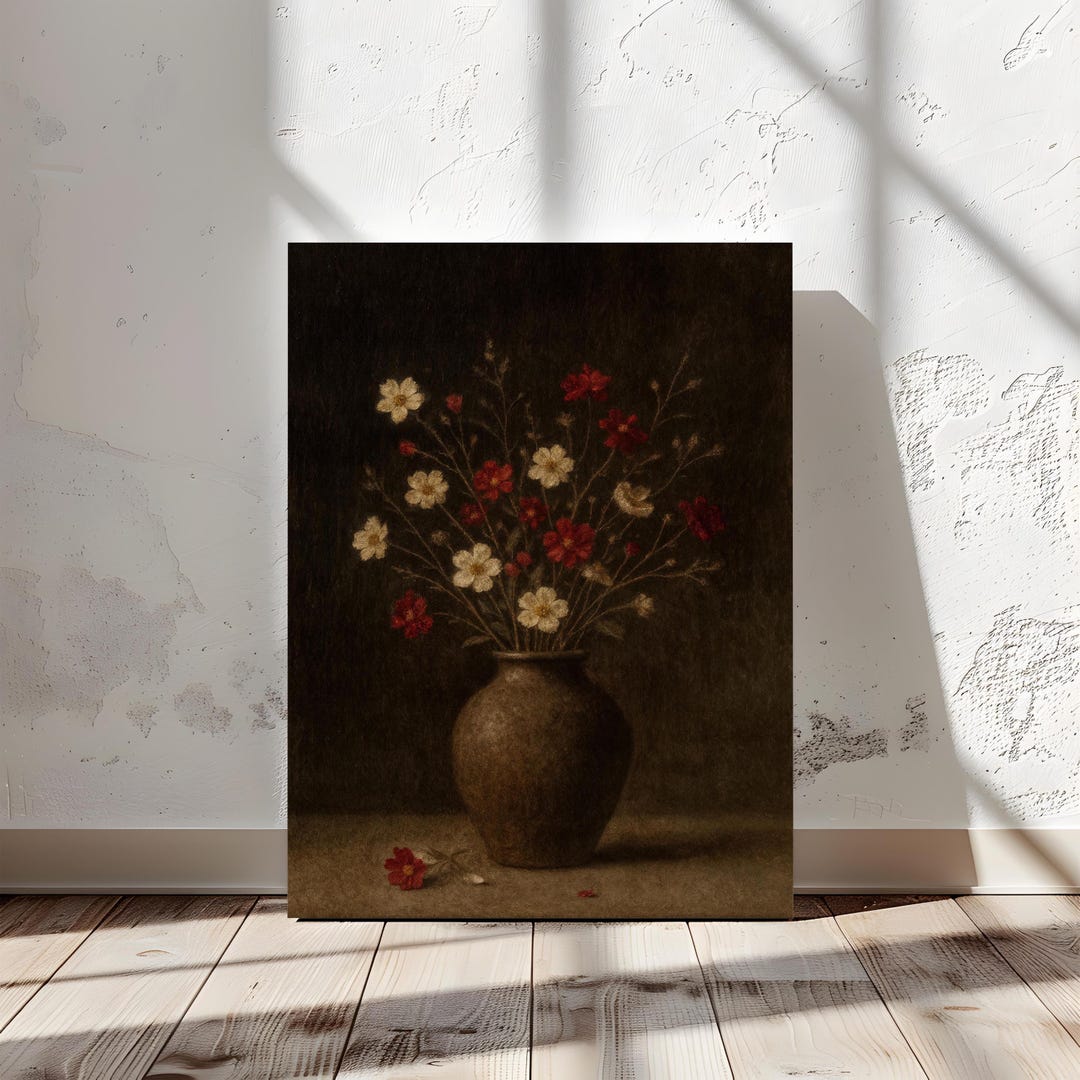 Vintage Botanical Vase Wall Art | Moody Dark Floral Still Life Print ...