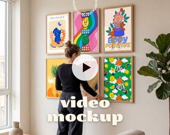 Animated Video Frame Mockup – 6 Vertical Gallery Wall Art (PSD + MP4)