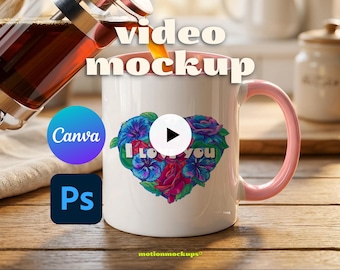 Geanimeerde mok videomodel, roze accent 11 oz mok videomodel, mok videomodel canva-compatibel (PSD + MP4)