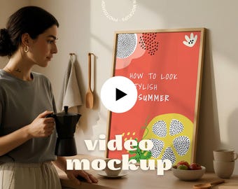 May include: A framed poster with the text "HOW TO LOOK STYLISH SUMMER" in white on a red background. The poster features abstract fruit illustrations. A woman is holding a black coffee pot in a kitchen setting.