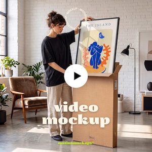 Video Frame Mockup | Unboxing Wall Art Scene | Animated Black Vertical Poster Mockup (PSD + MP4)