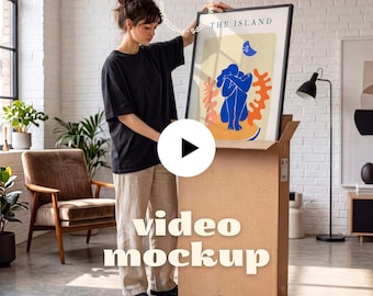 Video Frame Mockup | Unboxing Wall Art Scene | Animated Black Vertical Poster Mockup (PSD + MP4)