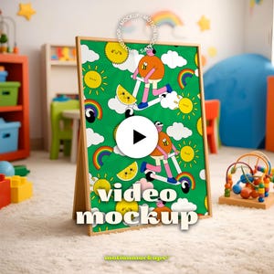 May include: A wooden easel with a green background featuring a playful design of suns, rainbows, and characters on scooters. The words "video mockup" are displayed prominently. The scene is set in a colorful playroom.