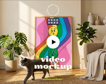 Mockup videoframe met kat | Lifestyle verticale muurkunst, postermodel 2:3-verhouding, natuurlijk licht en schaduw, Etsy-listingvideo (psd + mp4)