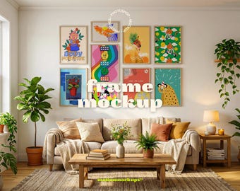 Gallery Wall Frame Mockup Set, 9 Vertical Frames, Natural Light, Etsy Listing Frame Mockup (PSD)