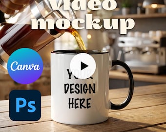 Mug Video Mockup, Animated Black Accent Coffee Mug, Realistic Coffee Shop Scene (PSD + MP4)
