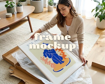 Frame Mockup with Person | Poster Frame Mockup Unboxing Scene, Lifestyle Wall Art Mockup (PSD)
