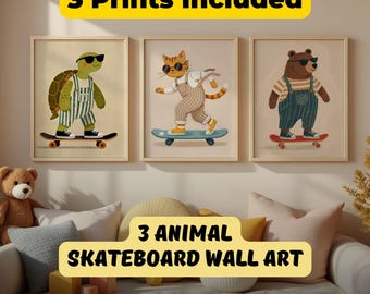 Retro Animal Skateboard Art Prints: Playful Kids Decor (Digital Download)