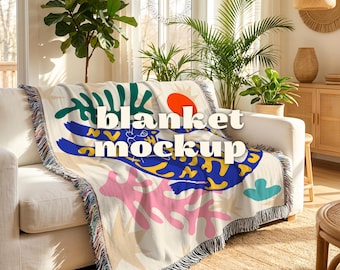 Woven Blanket Mockup, Throw Blanket Template, Natural Interior and Sunlight, Smart Object, Digital Download (PSD)