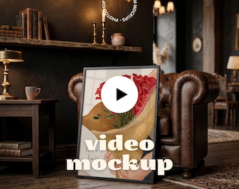Dark Academia Video Frame Mockup | Animated Black Poster Frame Scene for 1–10 Designs (PSD + MP4)
