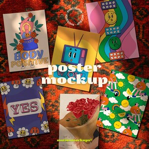 May include: A collection of colorful posters with various designs, including a retro TV, a bouquet of roses, and the words "BODY POSITIVE" and "YES." The posters are arranged on a patterned rug, creating a vibrant display.