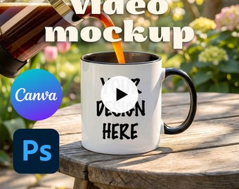 Mug Video Mockup – Animated Black Accent Coffee Mug | Outdoor Garden Scene with Coffee Pour (PSD + MP4)