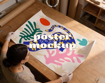 Horizontal Poster Mockup PSD – Print Studio Scene with Person, Minimal Wall Art Mockup for Posters (Digital Download, PSD)