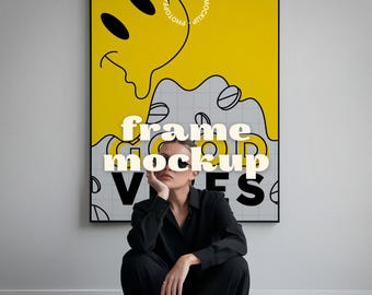 Frame Mockup With Person | Wall Art Photoshop Template | Minimal Interior Poster Display (PSD)