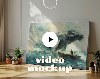 Maqueta de video de lienzo con paisaje animado (relación de aspecto 3:2): Presentación minimalista de obras de arte para interiores (PSD + MP4)