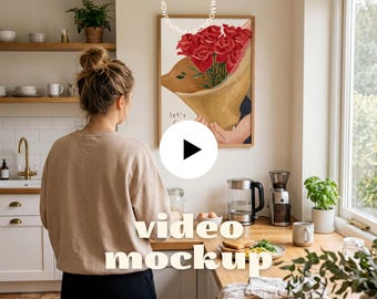 Animated Wall Art Mockup with Person | Kitchen Vertical Frame Video (PSD + MP4)