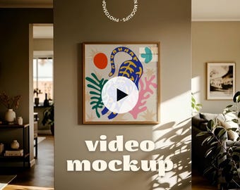 Videomodel met vierkante animatie voor muurkunst | 1:1-videoframemodel, minimalistisch interieur (psd + mp4)
