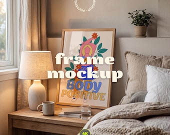 Cozy Bedroom Frame Mockup | 4K Vertical Poster Display PSD | Warm Neutral Interior Artwork Mockup (PSD + JPG)