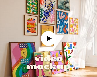 Animated Frame Video Mockup - 11 Smart Objects, Gallery Wall Poster Mockup (PSD + MP4)