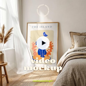 以下が含まれることがあります： 「THE ISLAND」の文字と、青い人物、オレンジ色のサンゴのような形、青い三日月を特徴とするカラフルな抽象デザインの額入りアートプリント。「video mockup」の文字が重ねられています。