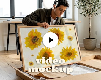 Animated Frame Video Mockup | 2 Scenes Horizontal Poster Frame Mockup, Lifestyle Wall Art Video, Unboxing to Wall Scene (MP4 + PSD)