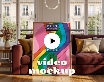 Vertical Frame Video Mockup in Warm Living Room, Luxury Paris Window Interior, Digital Poster Display Template (PSD + MP4)