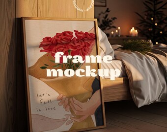 Natural Wood Frame Photoshop Mockup: Minimalist Bedroom Wall Art Frame Template, Digital Download, PSD