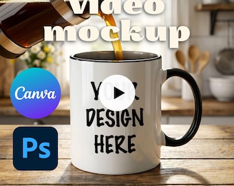 Mug Video Mockup, Animated Black Accent Coffee Mug, Realistic Kitchen Scene (PSD + MP4)