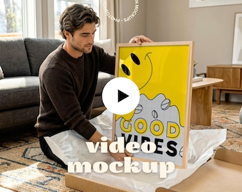 Animated Frame Video Mockup | 2 Scenes Vertical Poster Frame Mockup, Lifestyle Wall Art Video, Unboxing to Wall Scene (MP4 + PSD)
